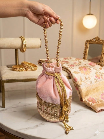 Baby Pink Velvet Embroidered Potli Bag