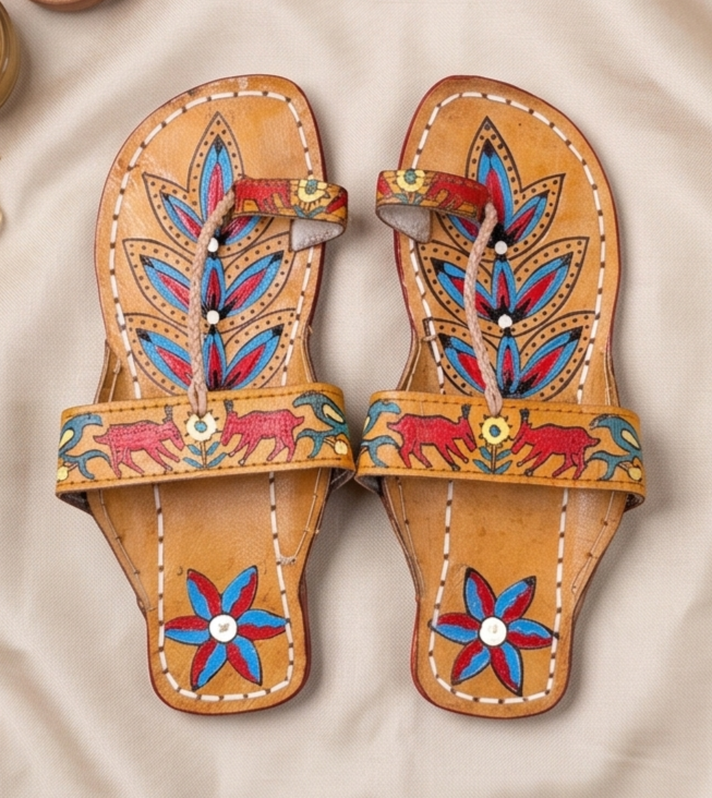 Handcrafted Leather Kolhapuri Chappals with Hand-Painted Traditional Motifs