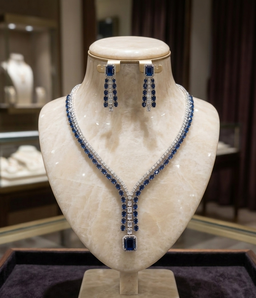 Royal Sapphire Cascading CZ Necklace & Earring Set