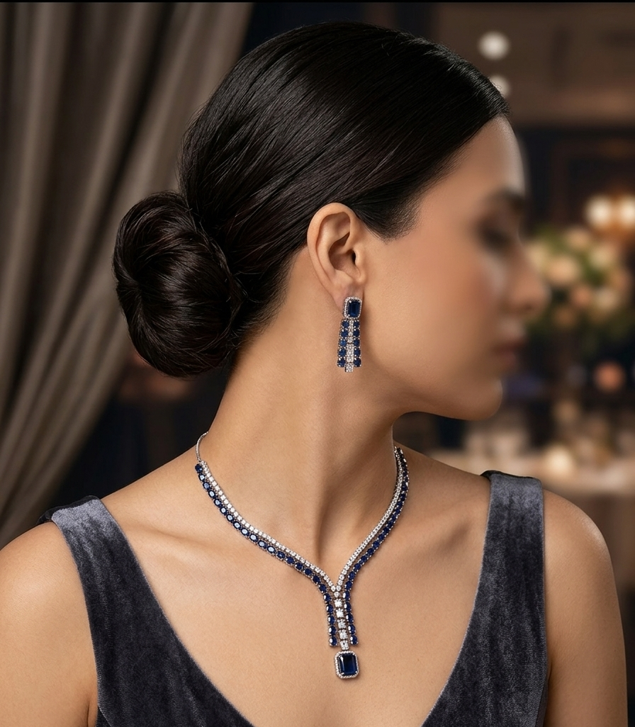 Royal Sapphire Cascading CZ Necklace & Earring Set
