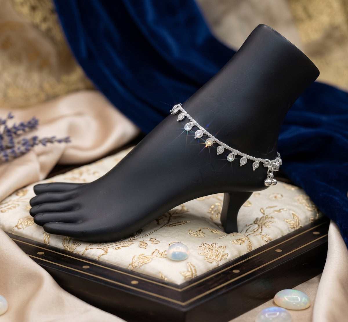 Elegant Cubic Zirconia Drop Anklet in Polished Rhodium Finish