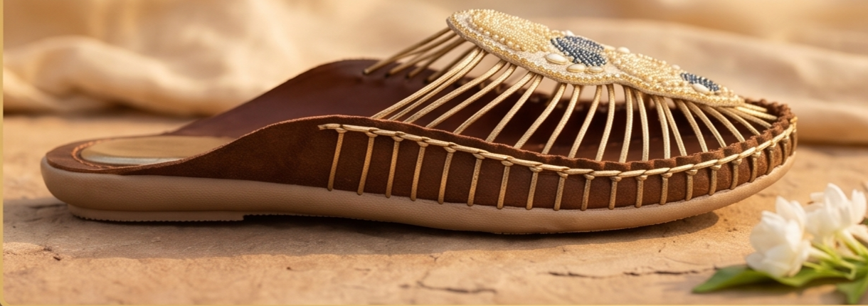 Handcrafted Beaded Motif Strappy Brown Mule Flats