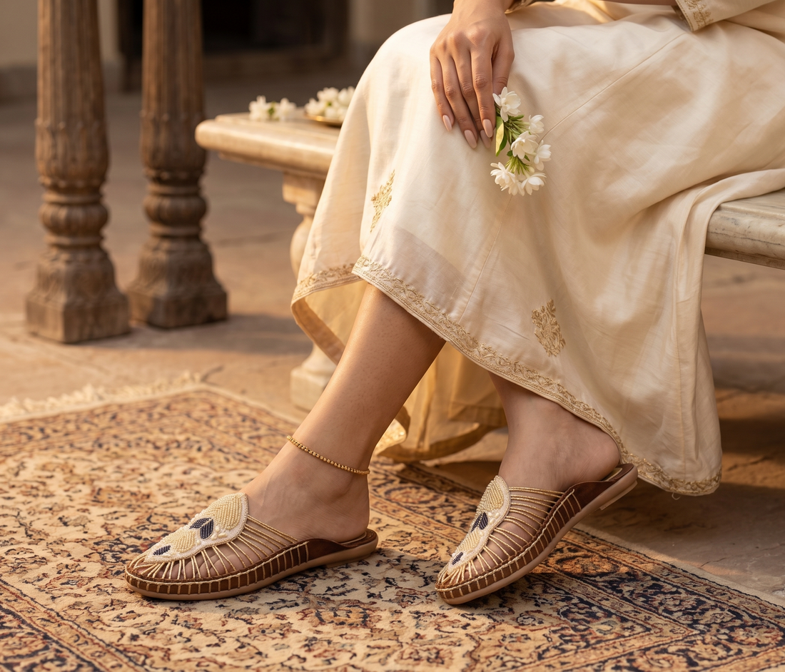 Handcrafted Beaded Motif Strappy Brown Mule Flats