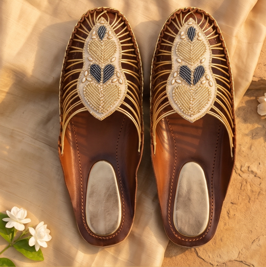 Handcrafted Beaded Motif Strappy Brown Mule Flats