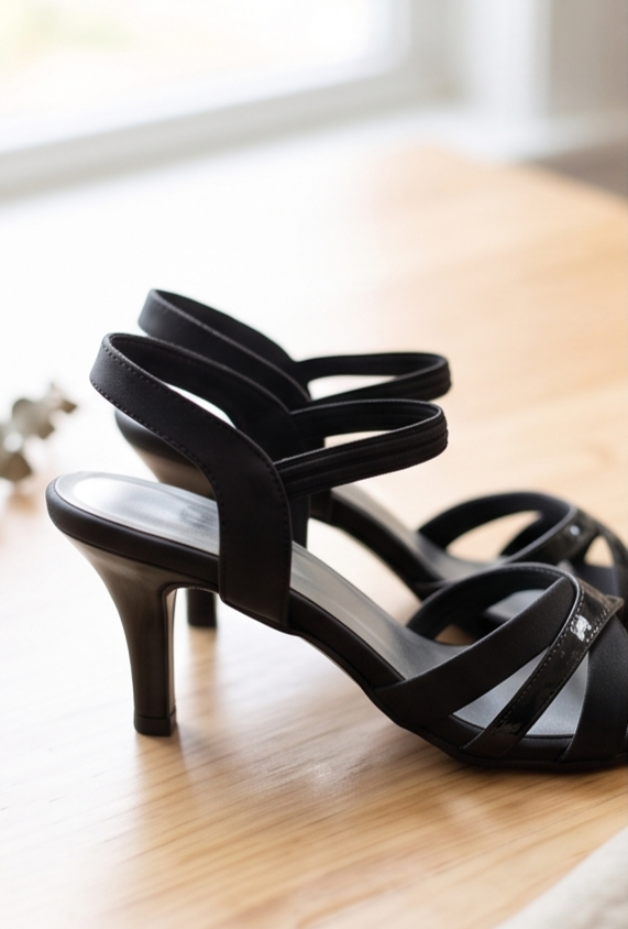 Classic Black Strappy Kitten Heel Sandals