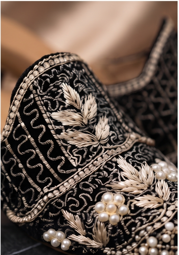 Black Pearl Embroidered Ethnic Mules