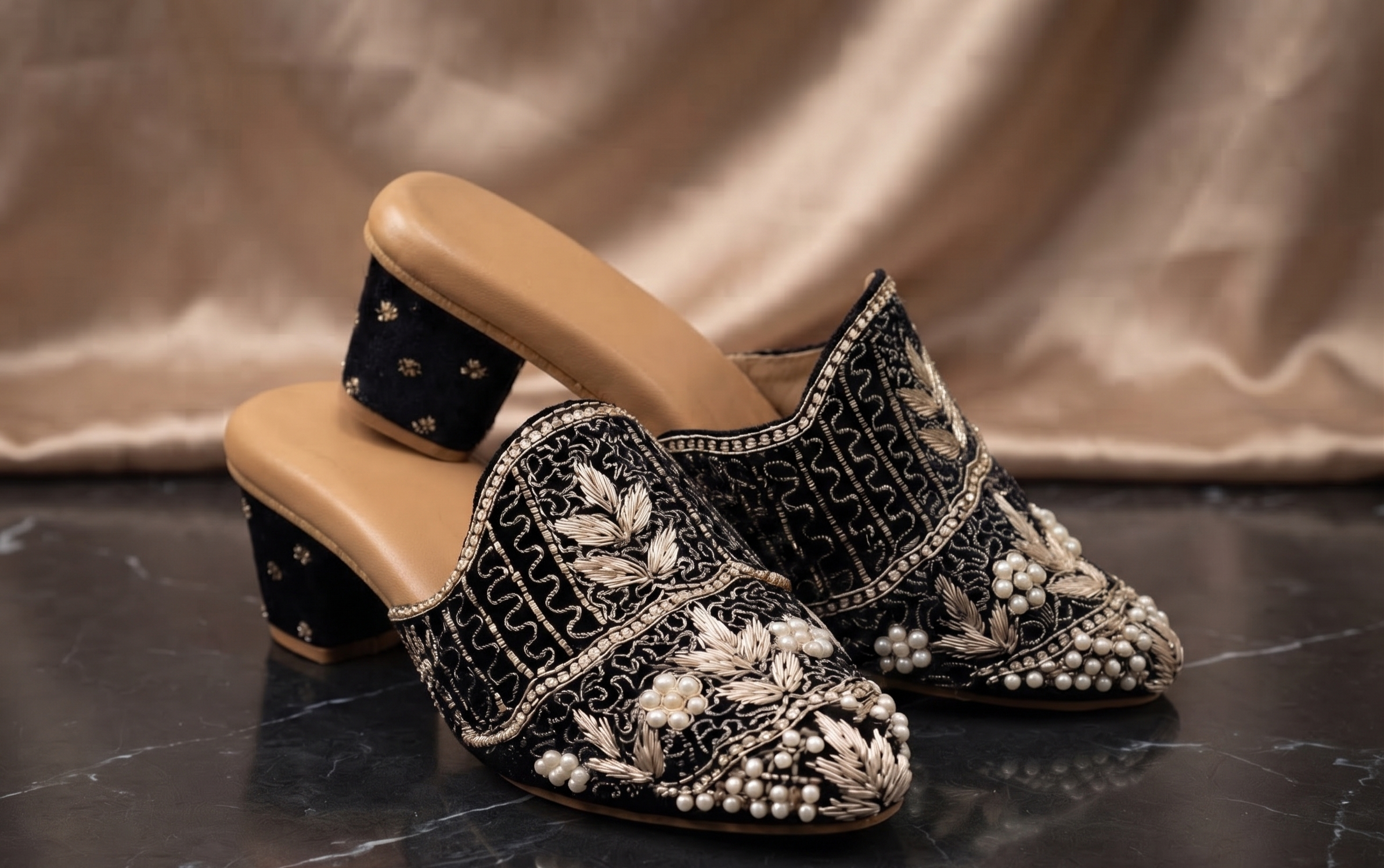 Black Pearl Embroidered Ethnic Mules