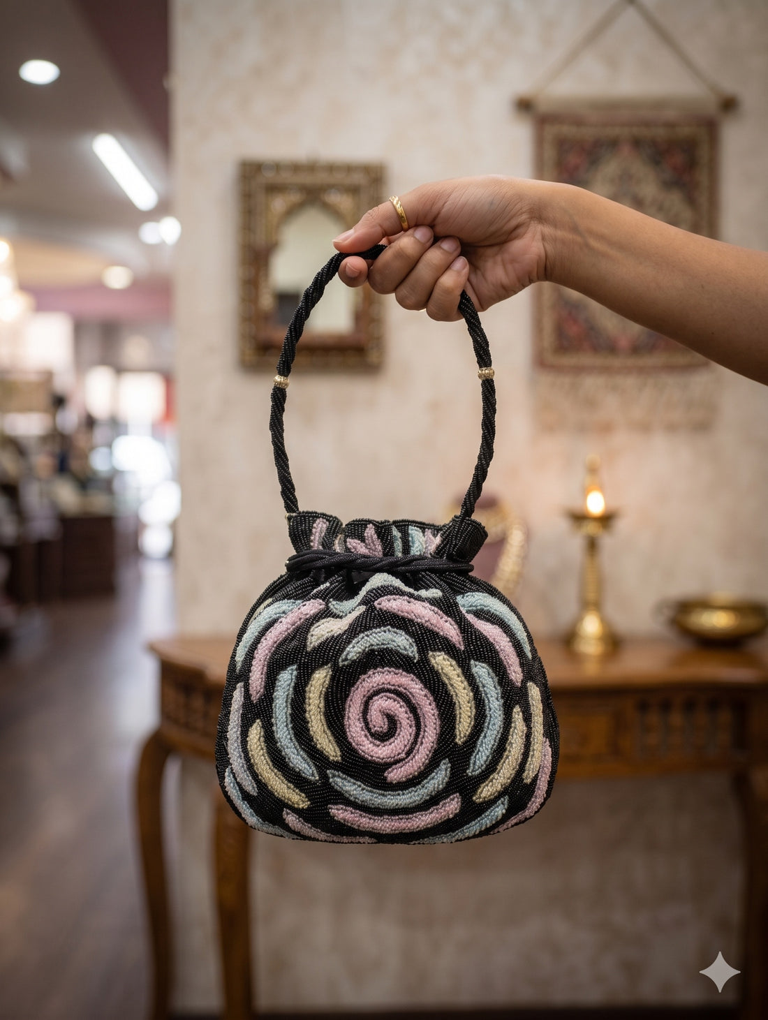 Black Handbeaded Rose Pattern Potli Bag