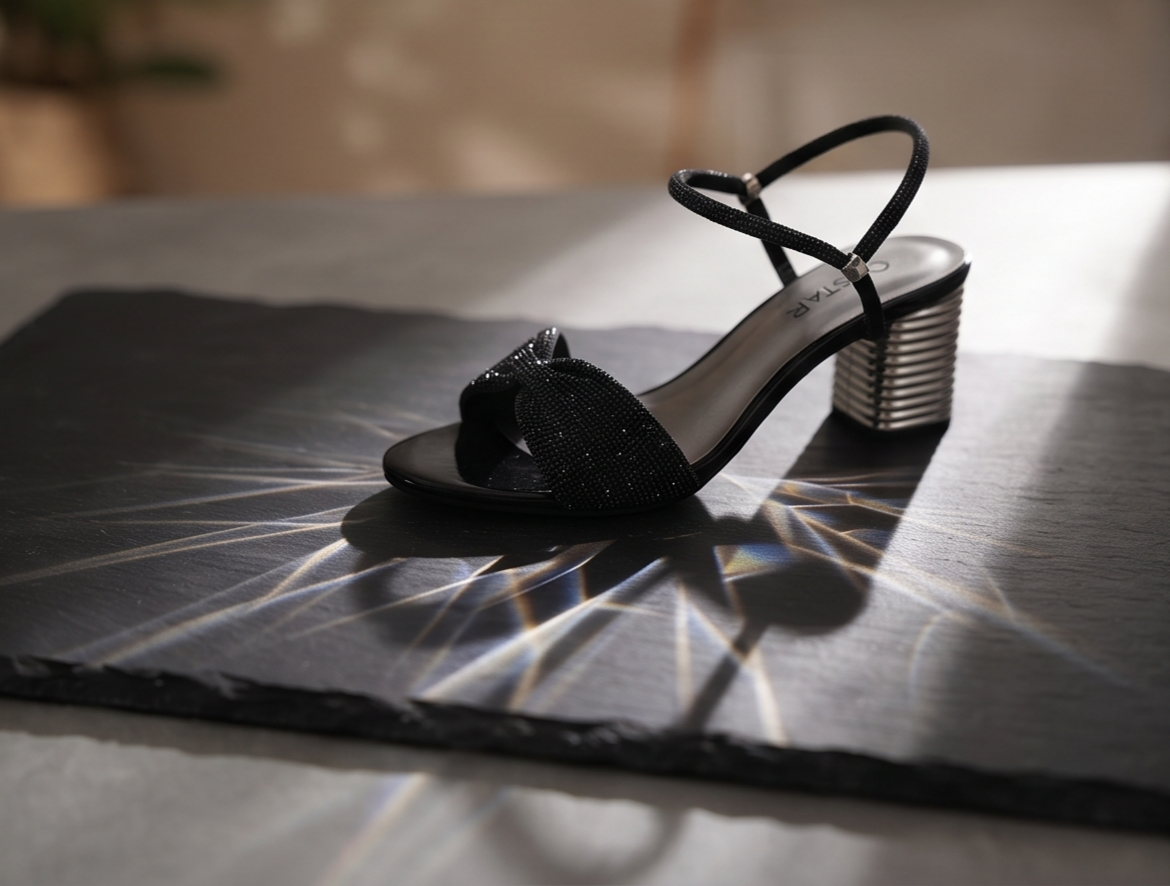 Black Shimmer Knot Sandals with Sculpted Metallic Block Heel