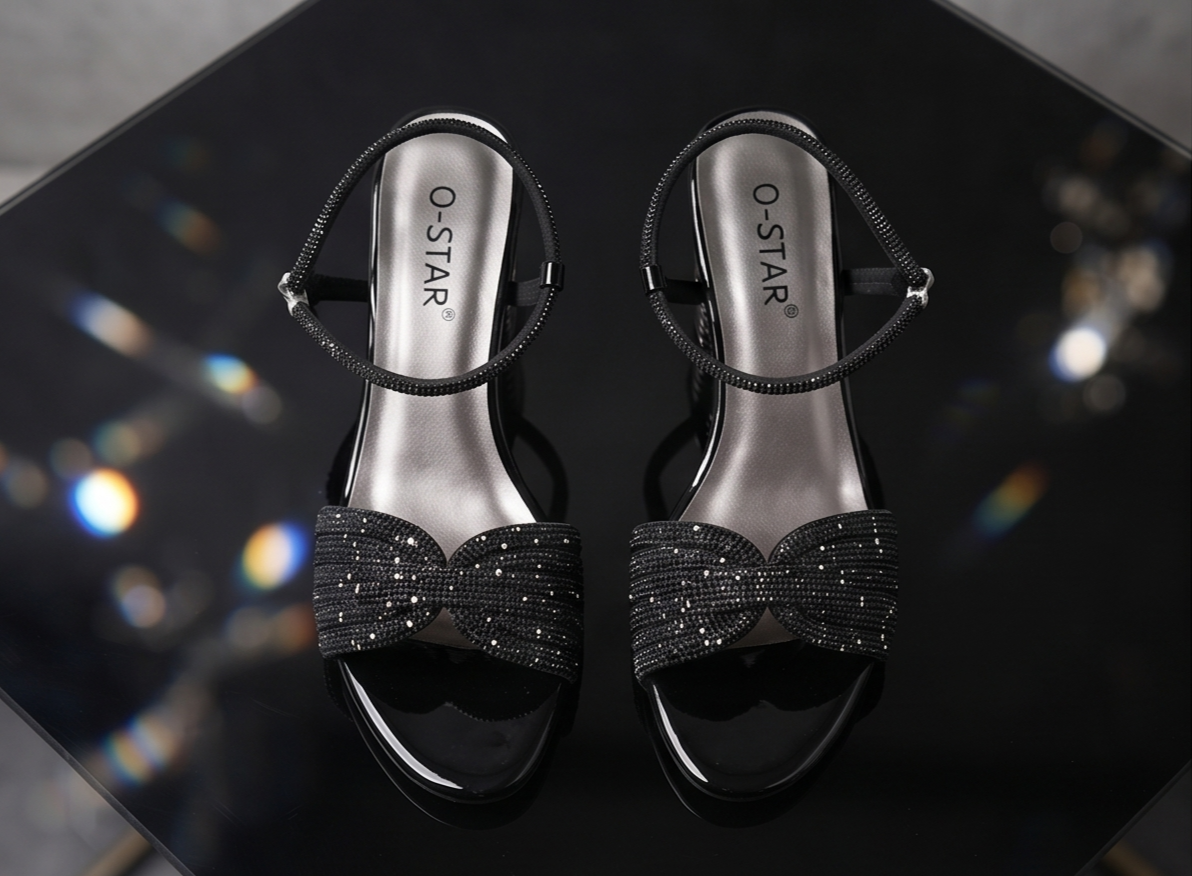 Black Shimmer Knot Sandals with Sculpted Metallic Block Heel