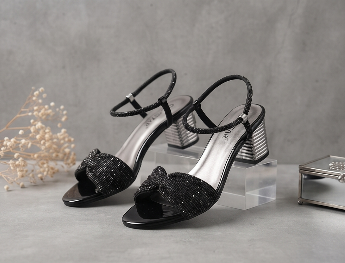 Black Shimmer Knot Sandals with Sculpted Metallic Block Heel