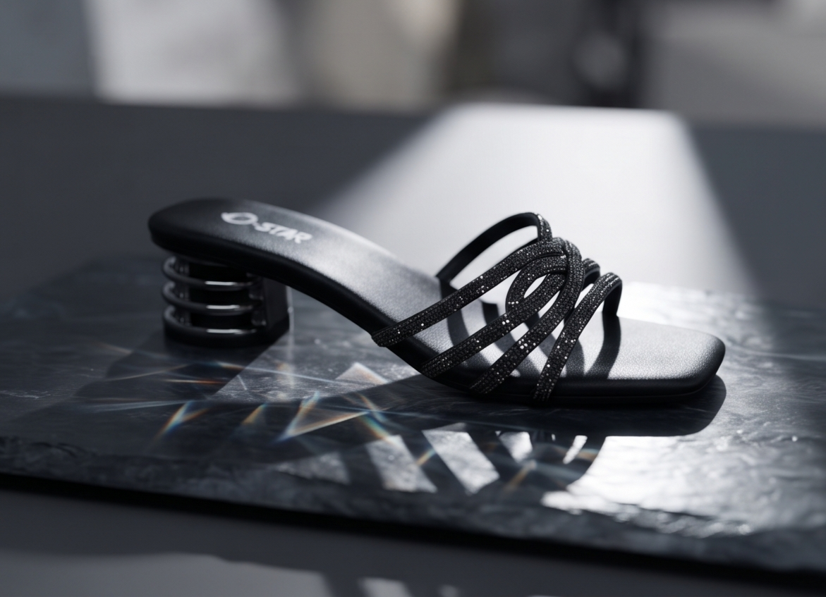 Black Shimmer Strappy Mule Heels with Sculpted Metallic Block Heel