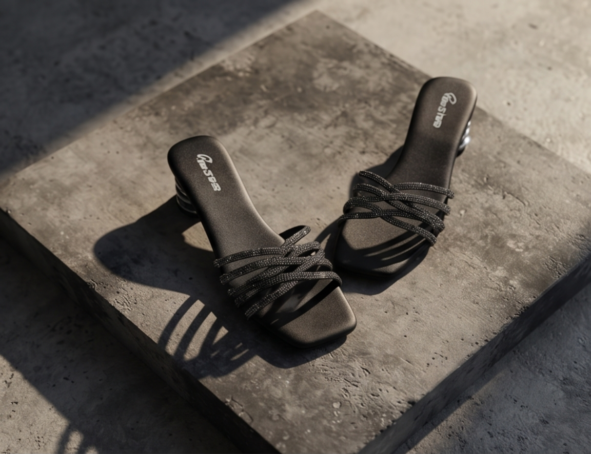 Black Shimmer Strappy Mule Heels with Sculpted Metallic Block Heel