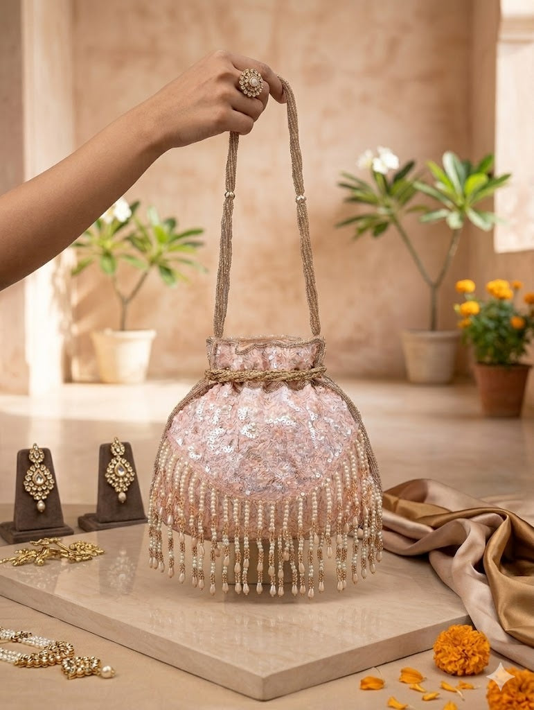 Blush Pink Sequin Potli Bag with Pearl Fringe