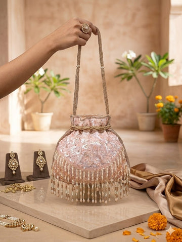 Blush Pink Sequin Potli Bag with Pearl Fringe