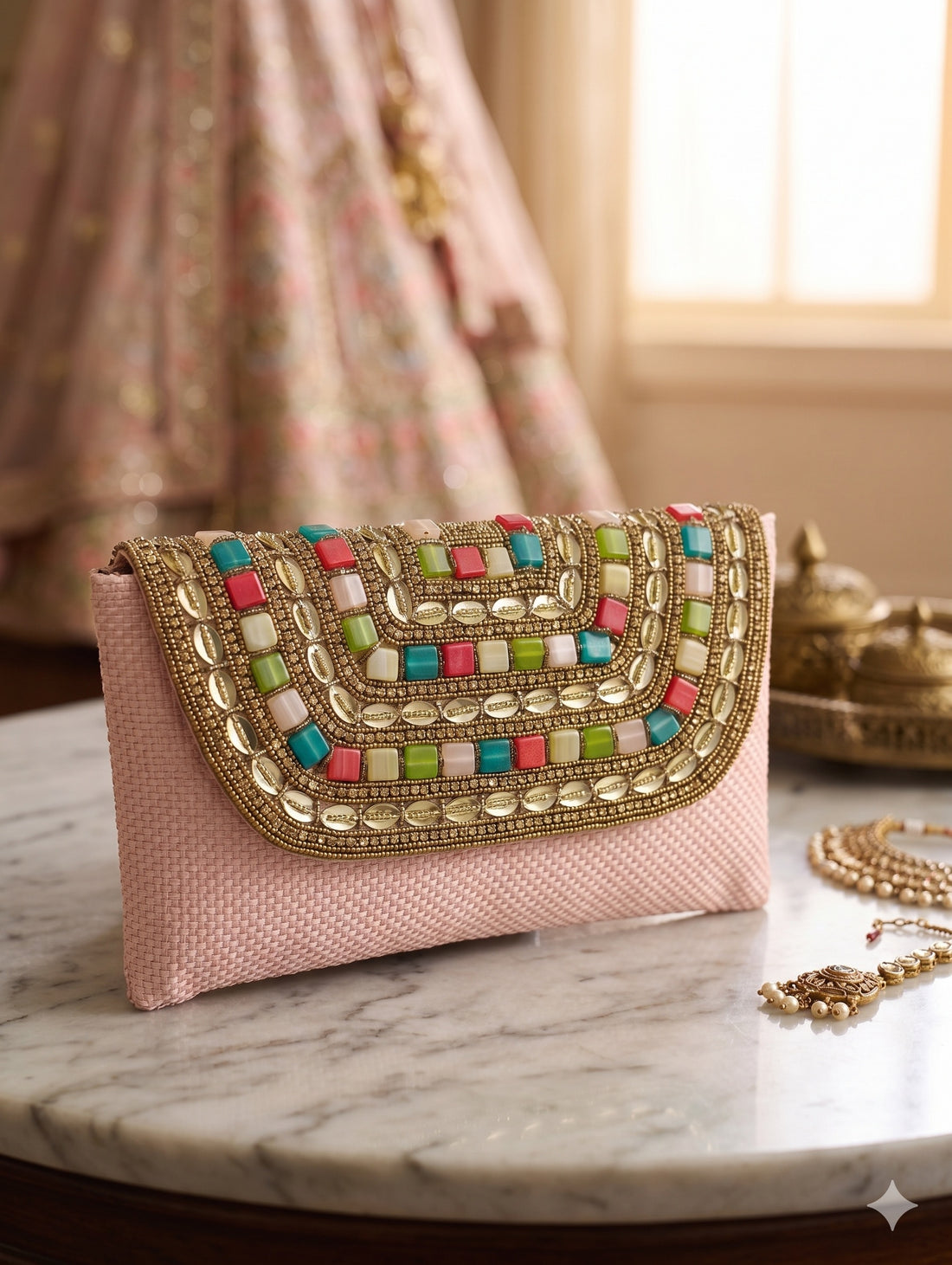 Blush Pink Woven Clutch with Multi-Color Beading
