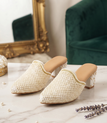 Ivory Pearl Embellished Pointed Block Heels