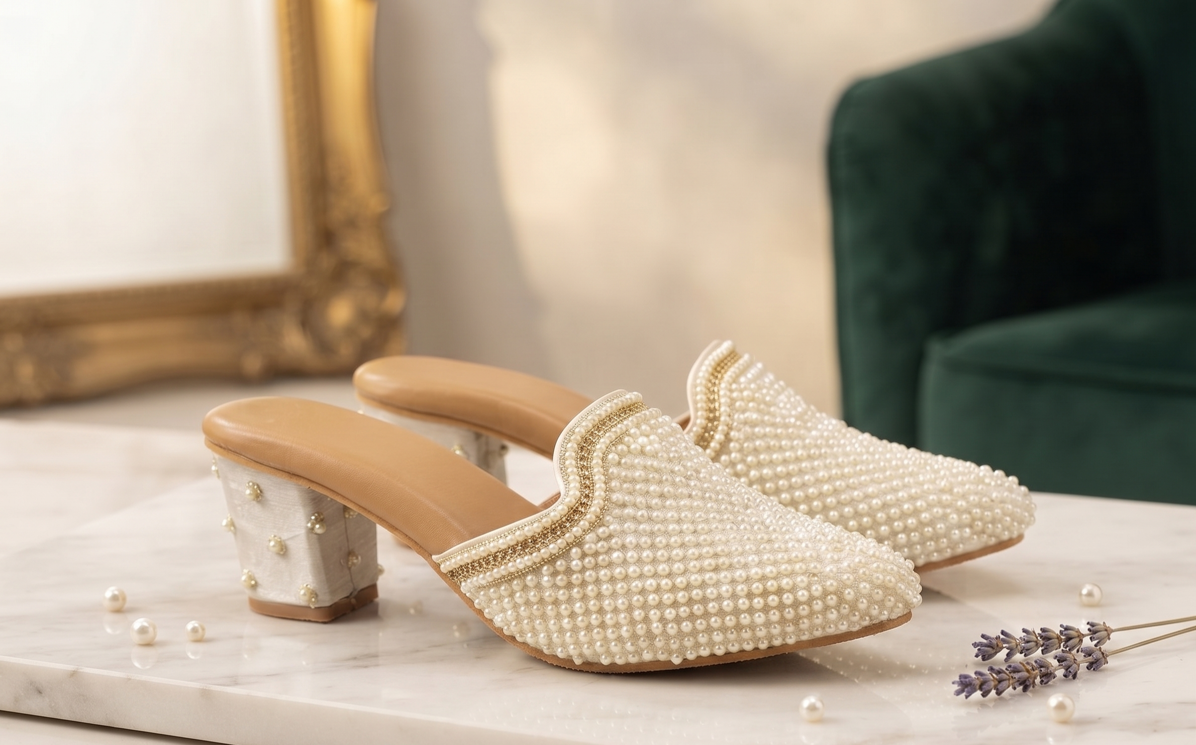 Ivory Pearl Embellished Pointed Block Heels
