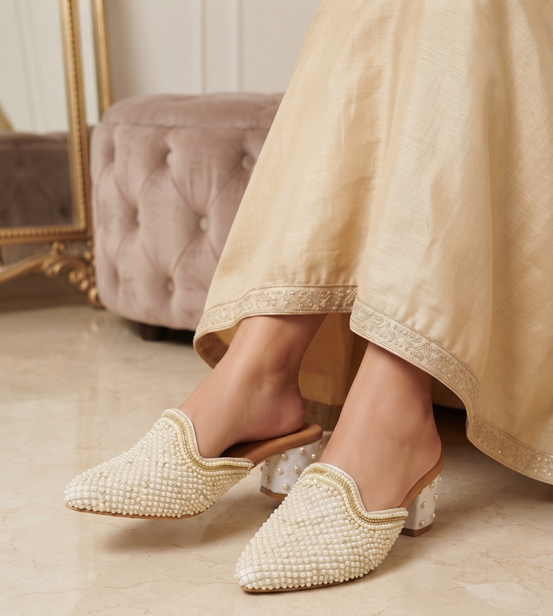 Ivory Pearl Embellished Pointed Block Heels