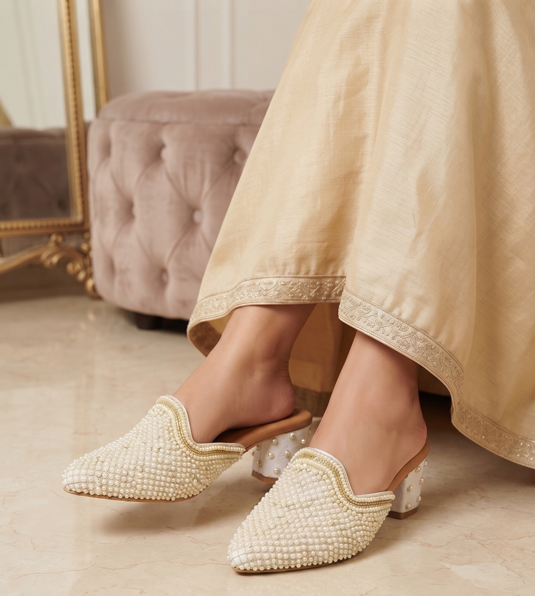 Ivory Pearl Embellished Pointed Block Heels