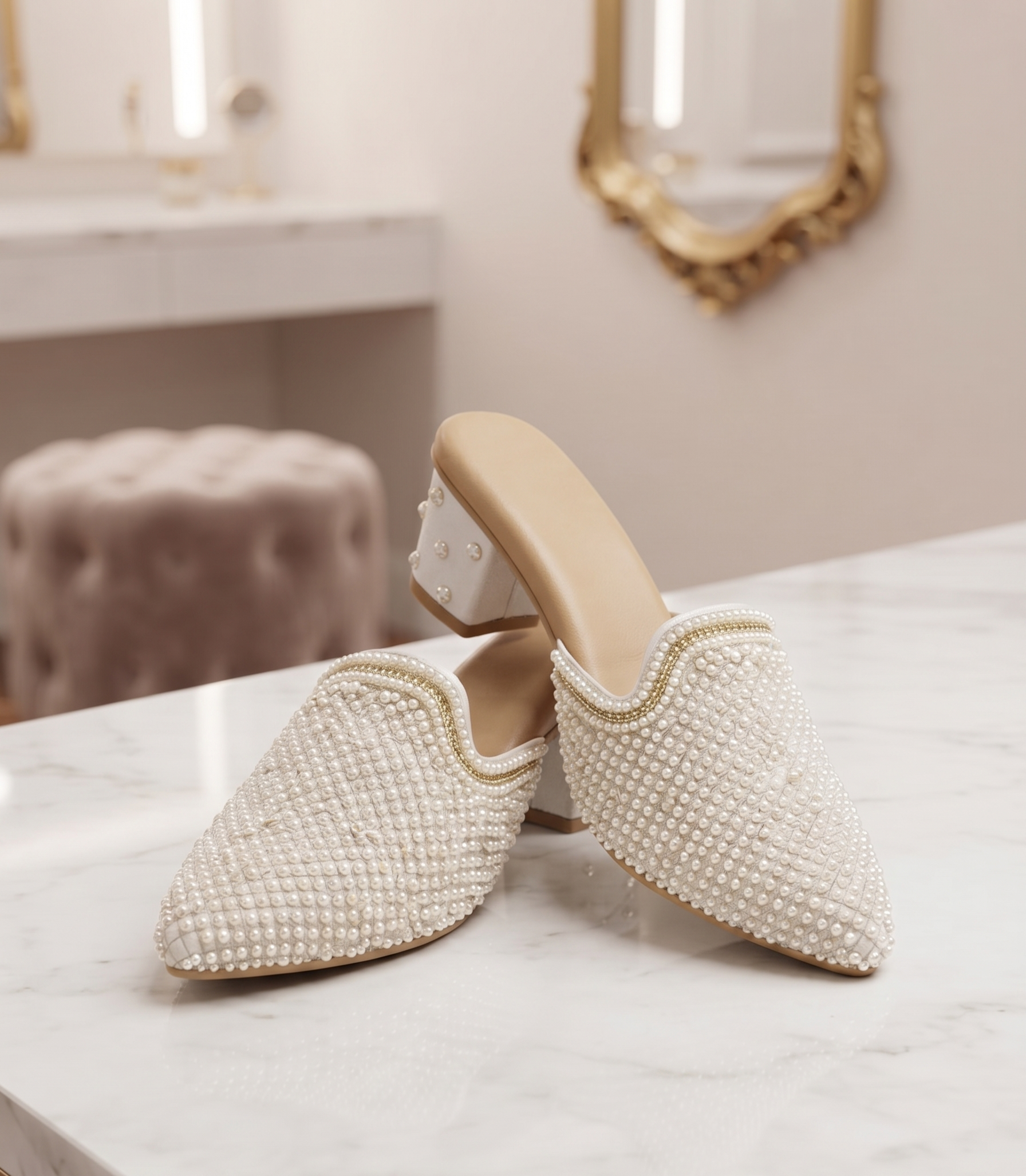 Ivory Pearl Embellished Pointed Block Heels