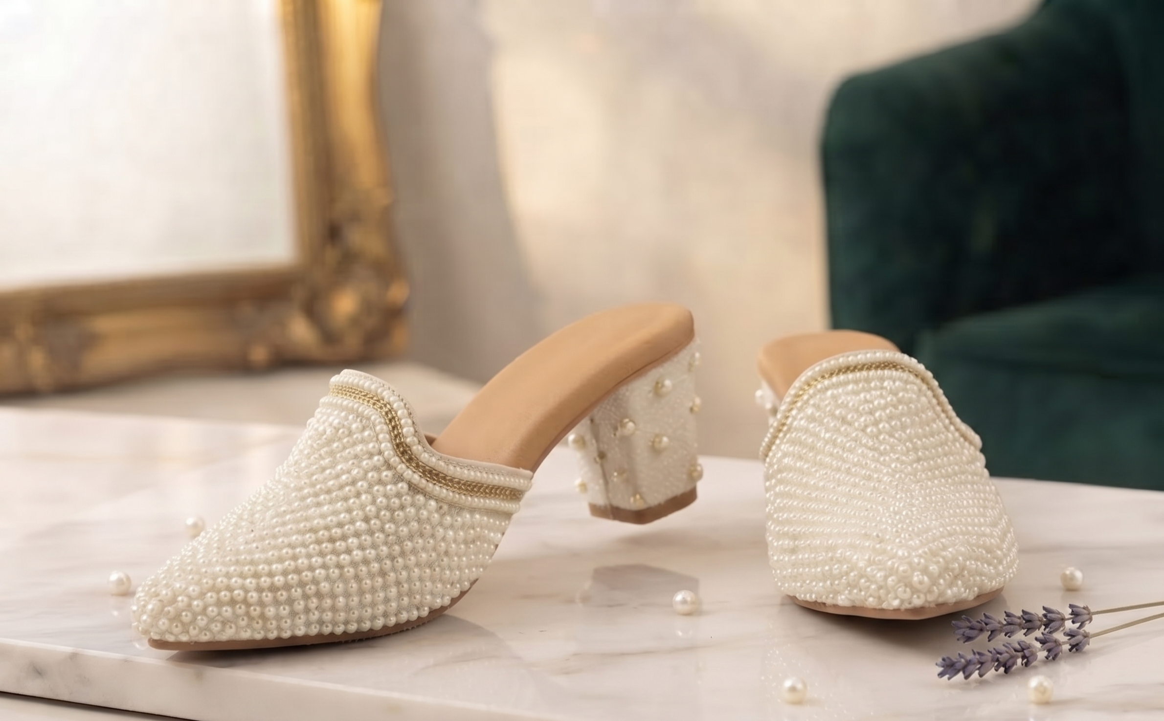 Ivory Pearl Embellished Pointed Block Heels