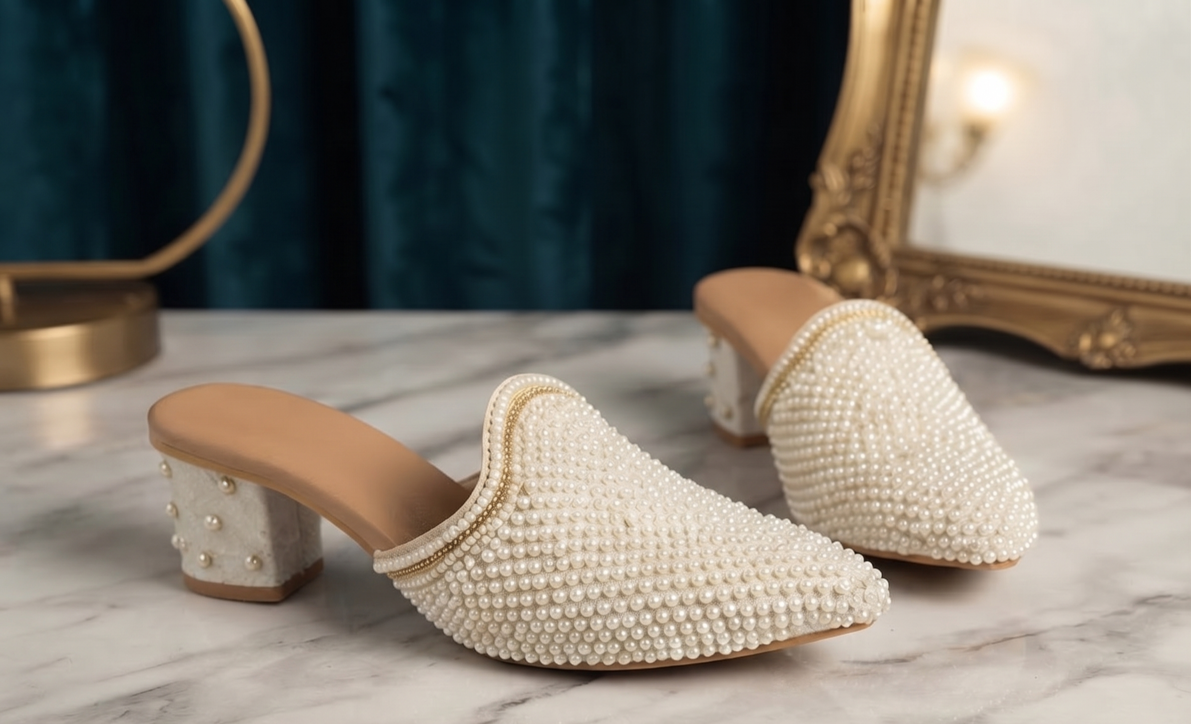 Ivory Pearl Embellished Pointed Block Heels