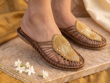 Handcrafted Beaded Pearl Crest Strappy Brown Mule Flats