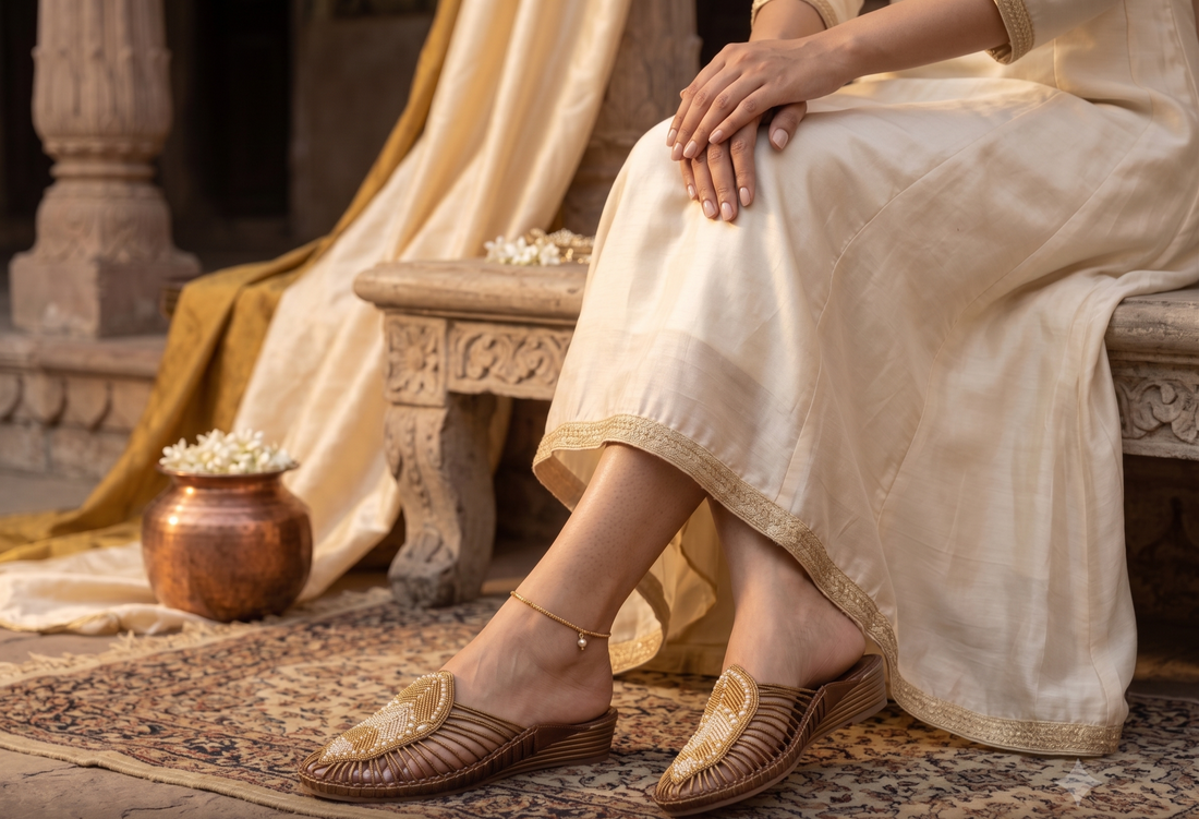 Handcrafted Beaded Pearl Crest Strappy Brown Mule Flats