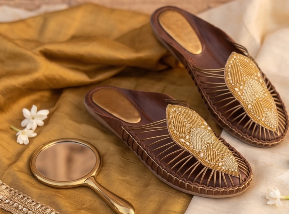 Handcrafted Beaded Pearl Crest Strappy Brown Mule Flats