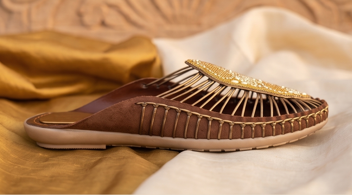 Handcrafted Beaded Pearl Crest Strappy Brown Mule Flats