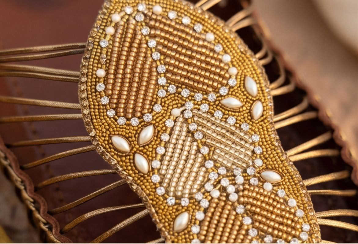 Handcrafted Beaded Pearl Crest Strappy Brown Mule Flats