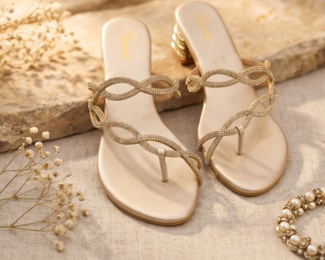 Light Gold Shimmer Wave Thong Sandals with Sculpted Metallic Block Heel
