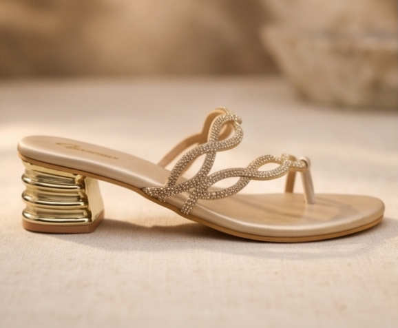 Light Gold Shimmer Wave Thong Sandals with Sculpted Metallic Block Heel