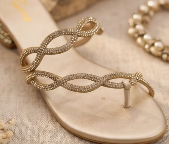 Light Gold Shimmer Wave Thong Sandals with Sculpted Metallic Block Heel