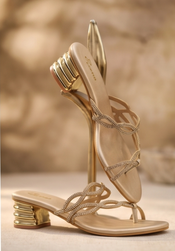 Light Gold Shimmer Wave Thong Sandals with Sculpted Metallic Block Heel