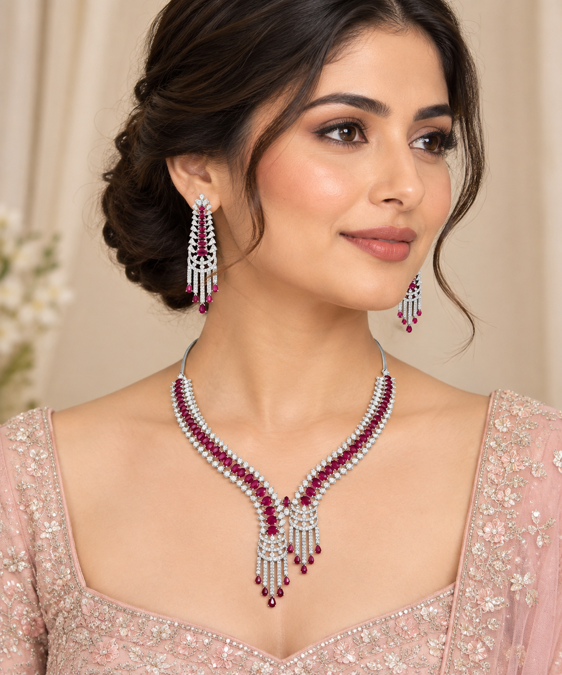 Rhodium plated necklace earing set with cubic zirconia and pink crystals