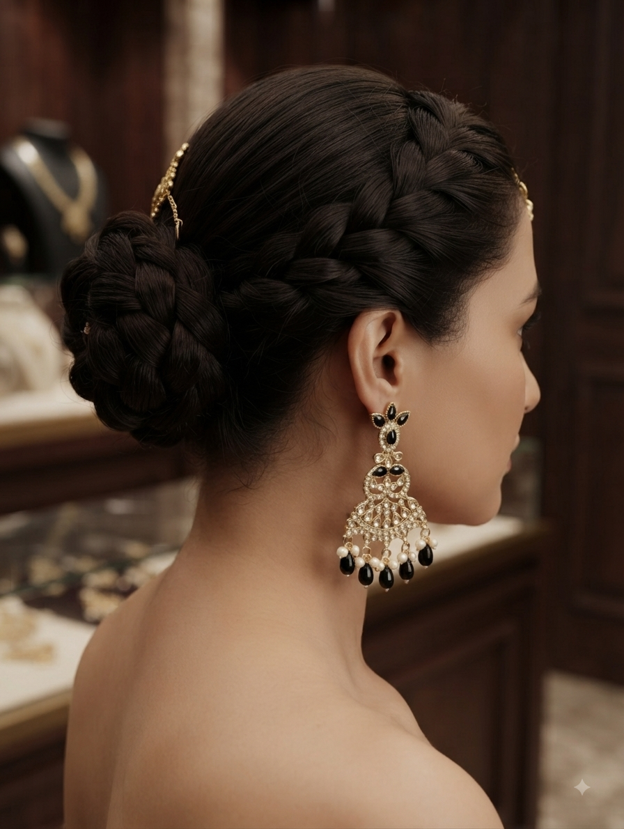 Gold-Tone Black Stone Chandelier Earrings With Pearl And Bead Drops.