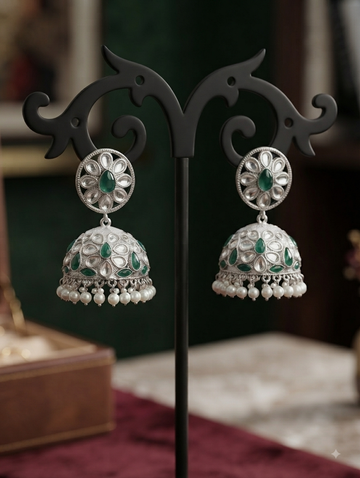Silver Jhumka Earrings With Green Stones, Kundan, And Pearls