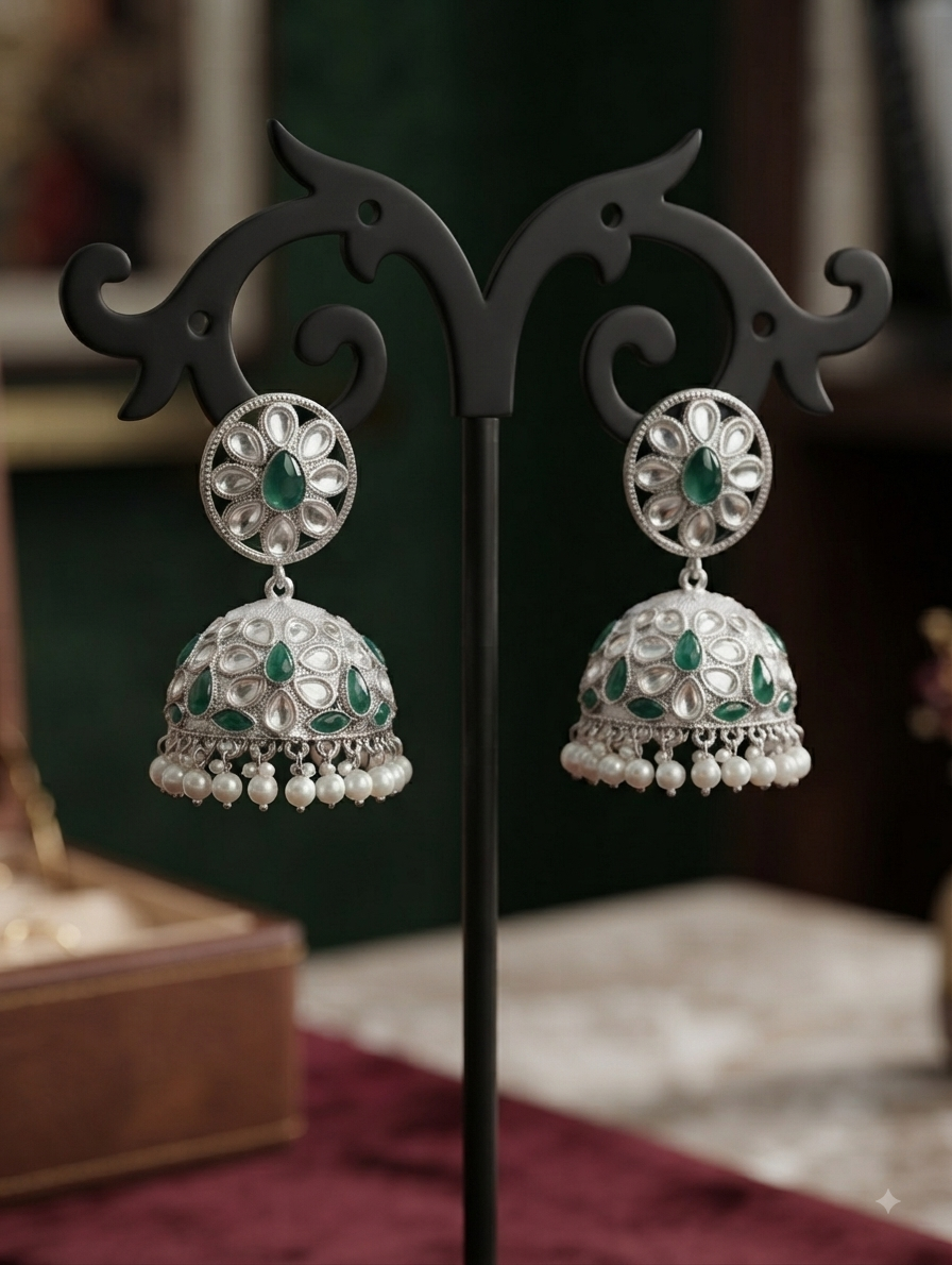 Silver Jhumka Earrings With Green Stones, Kundan, And Pearls