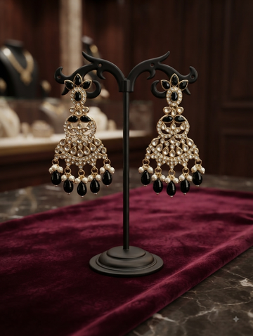 Gold-Tone Black Stone Chandelier Earrings With Pearl And Bead Drops.