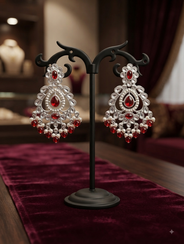 Silver-Tone Chandelier Earrings With Red Stones And Pearl Drops.