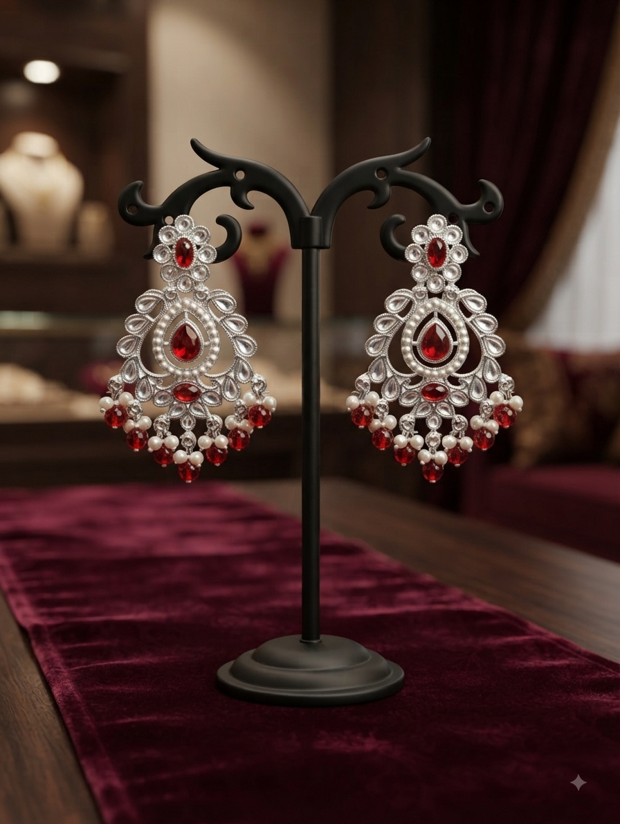 Silver-Tone Chandelier Earrings With Red Stones And Pearl Drops.