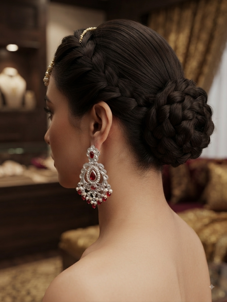 Silver-Tone Chandelier Earrings With Red Stones And Pearl Drops.