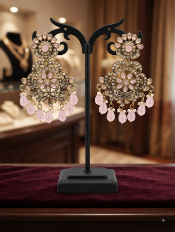 Fancy Light Pink Flower Chandelier Earrings With Hanging Beads