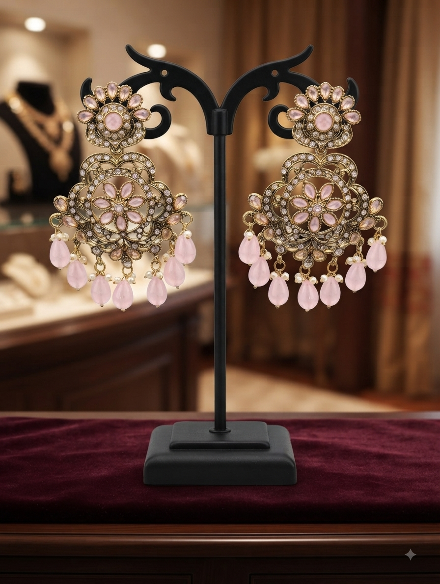 Fancy Light Pink Flower Chandelier Earrings With Hanging Beads