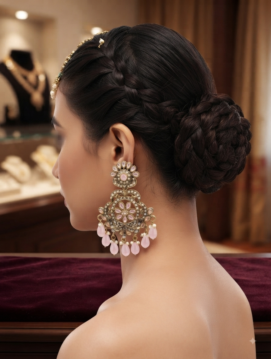 Fancy Light Pink Flower Chandelier Earrings With Hanging Beads