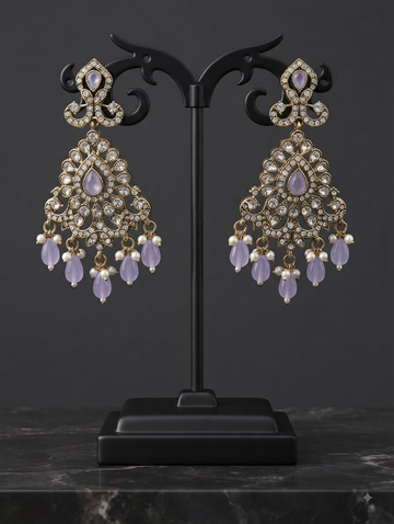 Intricate Lavender Stone Chandelier Earrings With Pearl And Bead Drops.