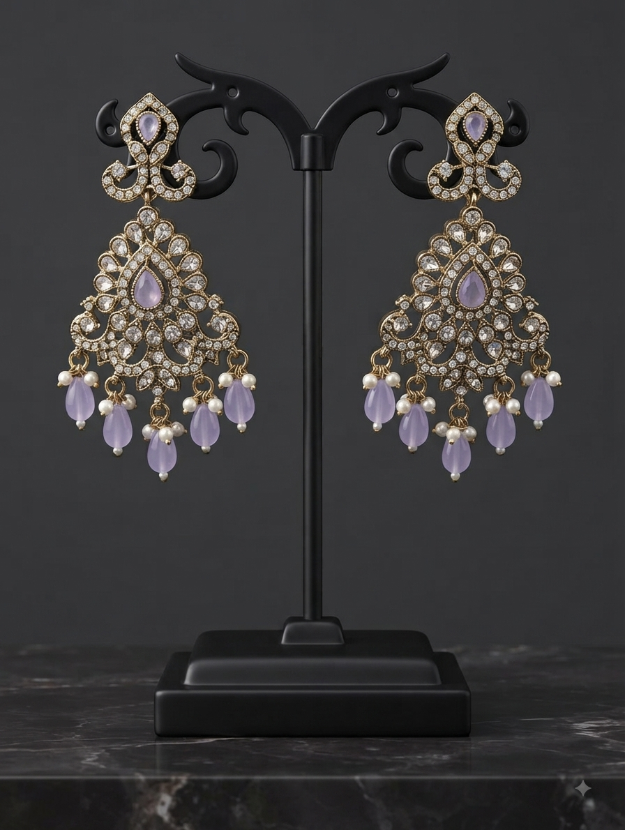 Intricate Lavender Stone Chandelier Earrings With Pearl And Bead Drops.