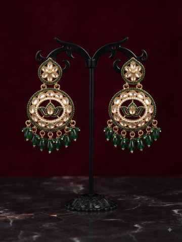Intricate Green Meenakari Lotus Kundan Earrings With Drop Beads.